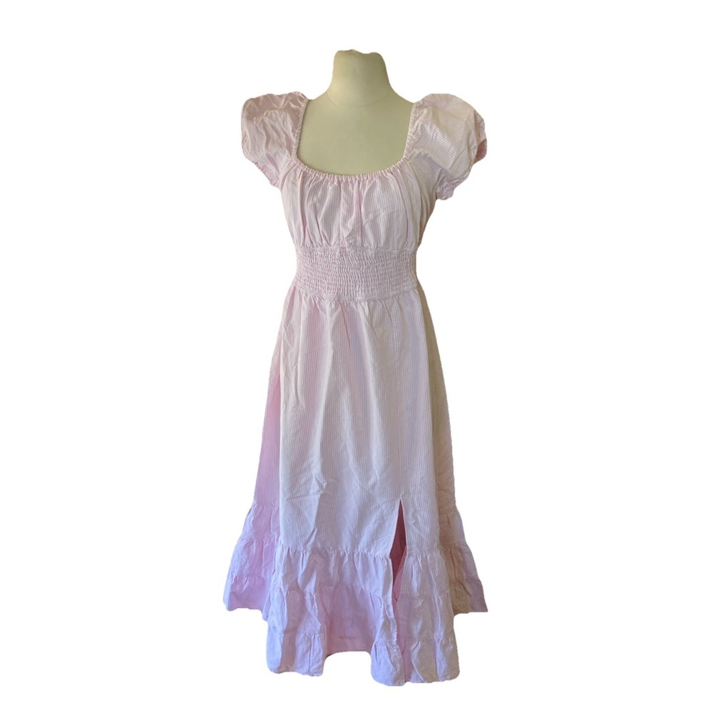 Dizzy Lizzy Midi Dress Sz L Pink Seersucker Smocked Puff Sleeves Milkmaid Cotton